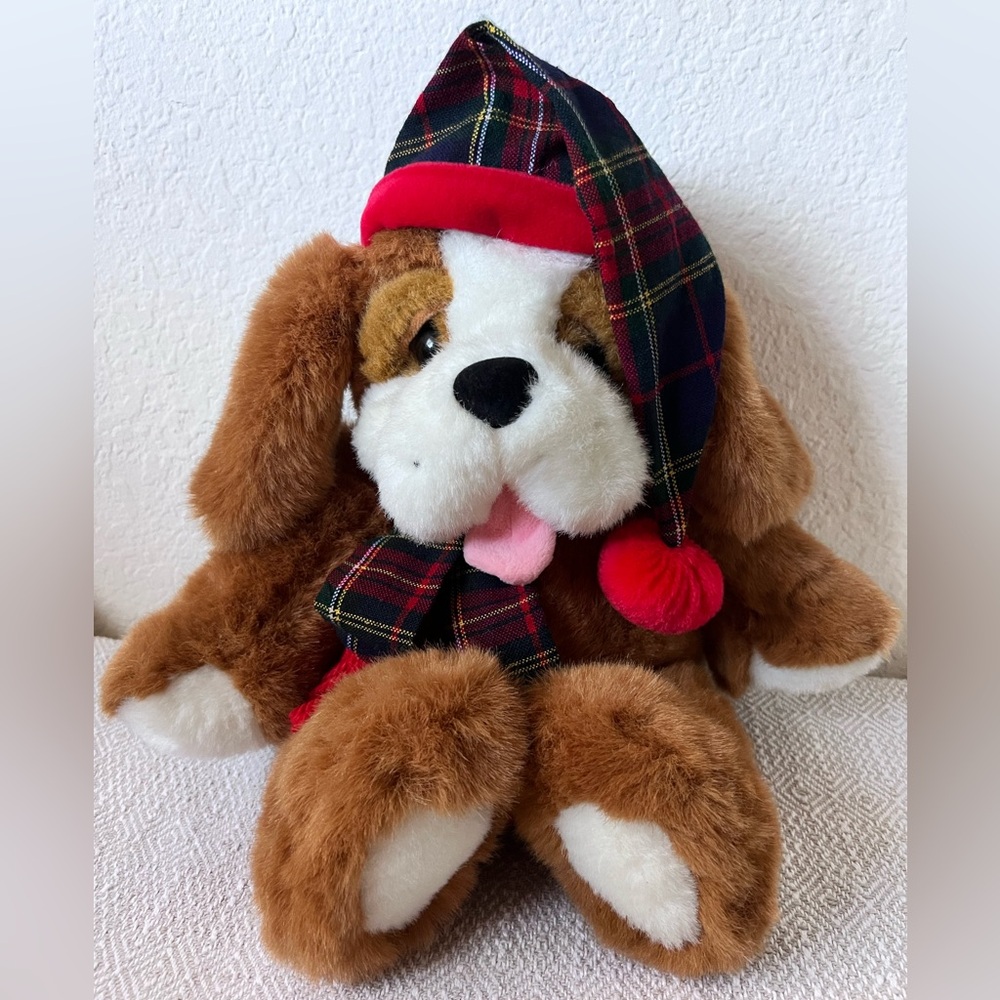 Vintage Plush Dog Toy with Plaid Hat and Scarf (DIGBY and DEXTER)